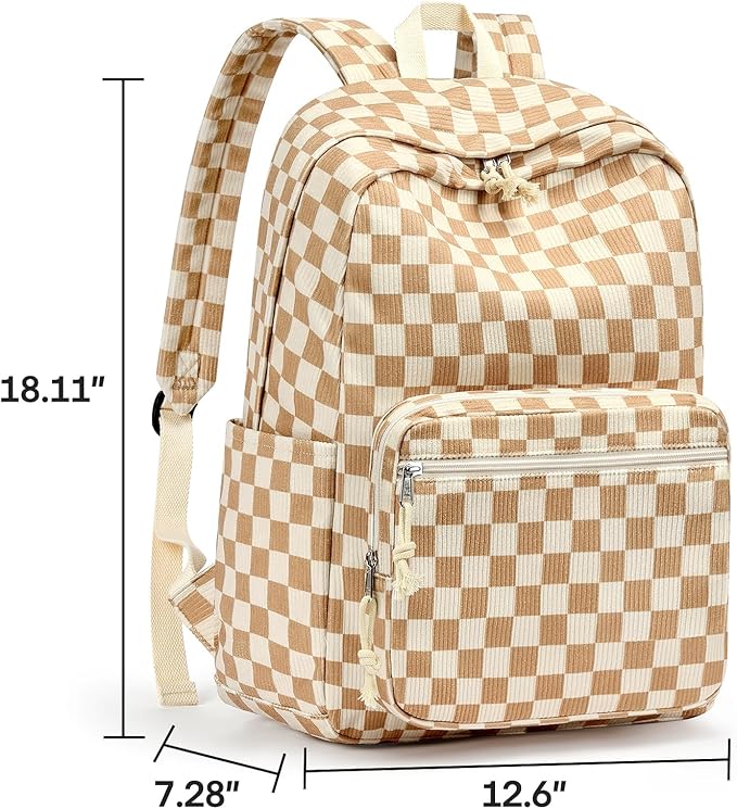 mibasies School Backpack for Girls with Laptop Sleeve: 18IN Large Capacity Corduroy Bookbag for Primary Middle School/College, Travel Daypack for Teens Women - Brown Checkered