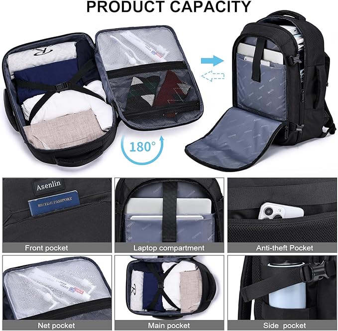 Asenlin Travel Backpack for Women Men,Flight Approved Carry On Luggage 30L Water Resistant Business Mochila Work Laptop Backpacks Fits TSA 15.6 Inch Computer College Weekender Outdoor Hiking-Black