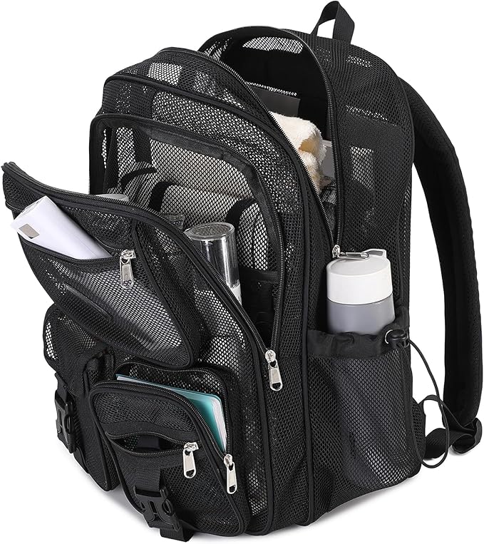 MOONBABY Mesh Backpack for School Heavy Duty See Through Net Bookbag Girls Boys Semi-Transparent Net Back Pack for Beach, Swimming, Sports, Work, Travel (Black)