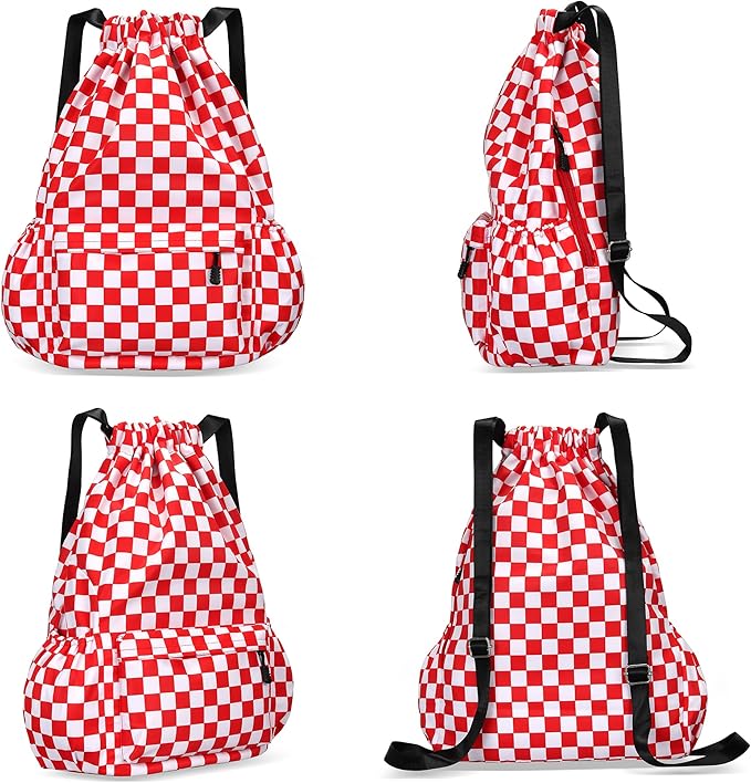 Drawstring Backpack for Women Drawstring Gym Bag Water Resistant Small Cinch Sack Pull String Backpack Bag (Checkered-Pink)