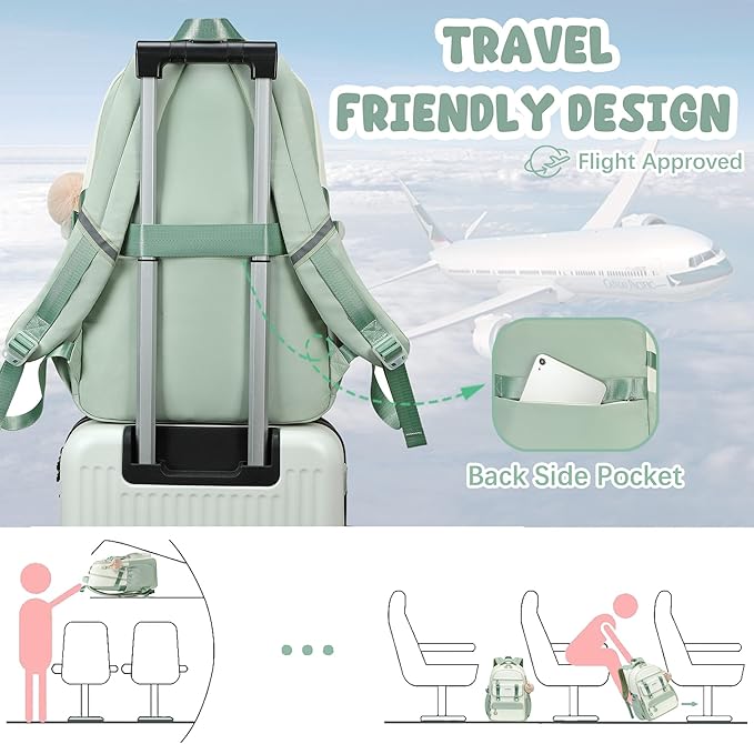 School Backpack for Girls, Laptop Backpack 15.6 Inch Kids Elementary Middle High School Bag Anti Theft Cute College Bookbags for Teens Girls Women Students Casual Travel Daypack,Green Beige