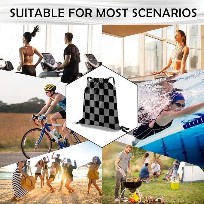 Drawstring Backpack Draw String Bag Waterproof for Sports Gym Beach Travel Cute Aesthetic Sackpack Men Women (13"×17")-Black Gray Checkered