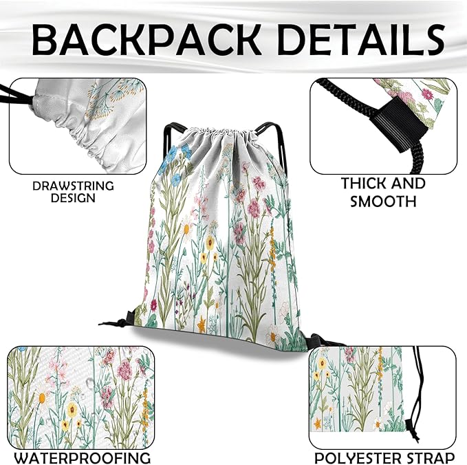Drawstring Backpack Draw String Bag Waterproof for Sports Gym Beach Travel Cute Aesthetic Sackpack Men Women (13"×17")-Blue Flower