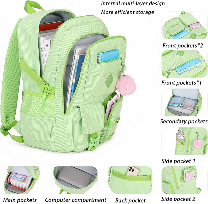 Girls Laptop Backpack Corduroy Bookbag For Teen Big Studen School Bag Durable Travel Daypack (5green)