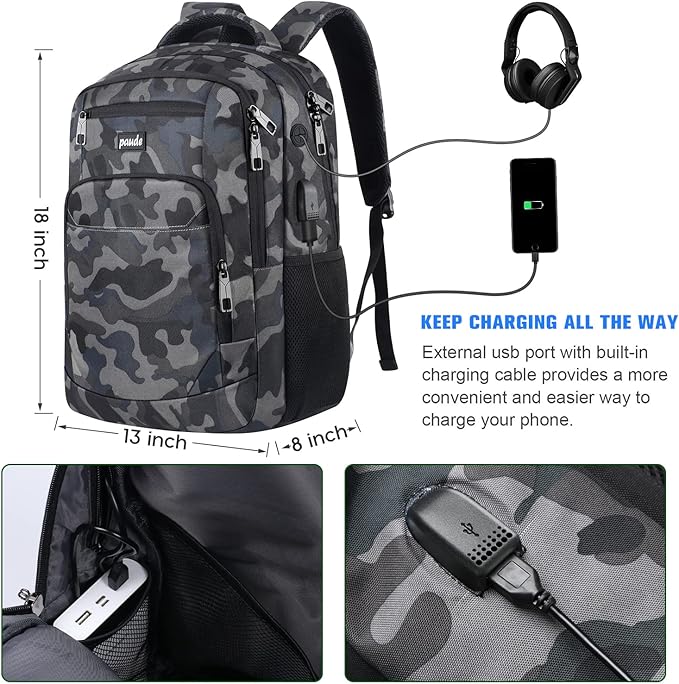 Paude Backpack for Men,College Backpack School Bookbag for Teens,Laptop Bookbag with USB Port and Headphone Hole