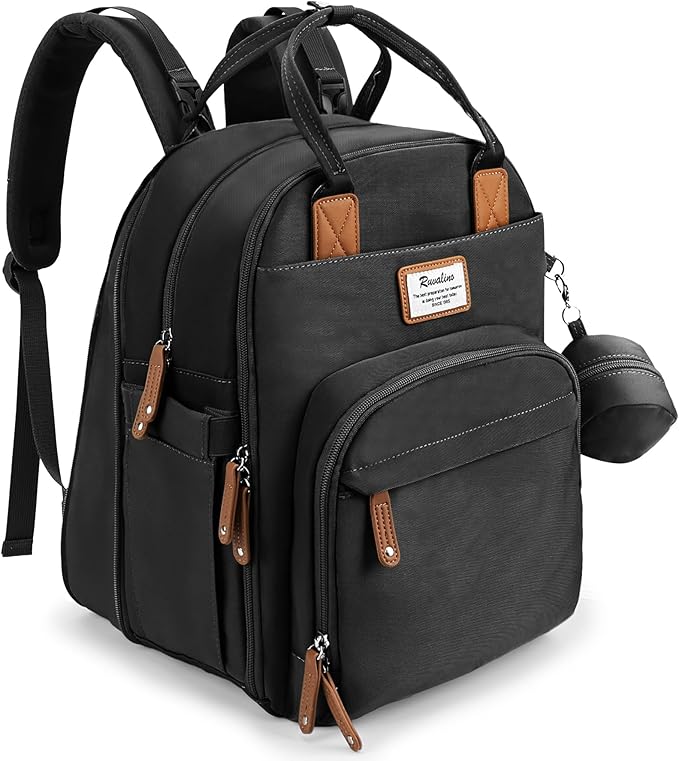 RUVALINO Diaper Bag Backpack-Expandable Baby Bag with up to 50% Capacity -Baby Essentials Bag with Changing Pad Insulated Bottle Holders & Pacifier Case, Waterproof, Black XL