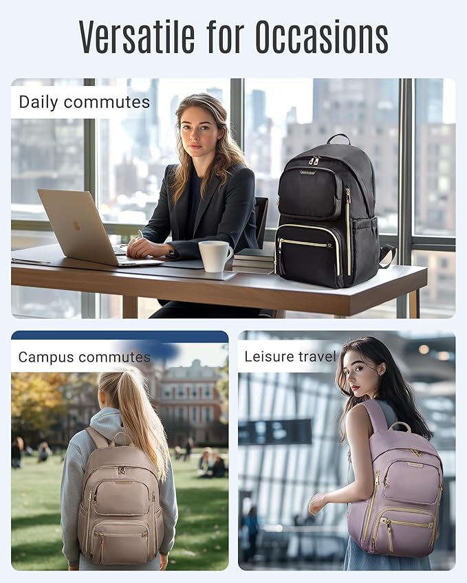 LIGHT FLIGHT Women's Laptop Backpack Fit for 15.6 Inch for Travel Work Business College, Large Capacity Stylish Bookbag with USB Port and Water-Resistant for Daily Use,Champagne