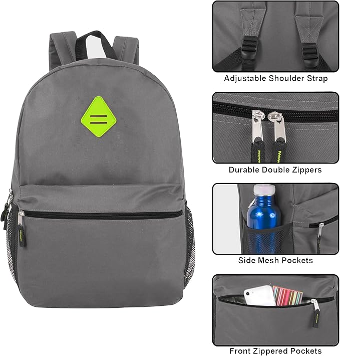 Large School Backpacks with Mesh Side Pockets – Classic 19 Inch Solid Color Backpacks for Kids, Men, Women, Travel (Grey & Green)