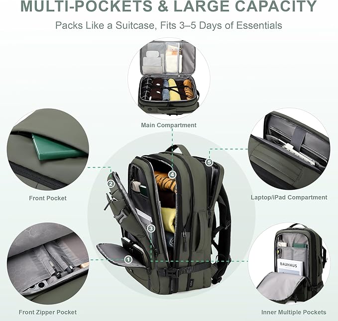 Carry On Travel Backpack, 35L-40L Expandable Extra Large Airline Approved,Lightweight Daypack for Men and Women（Green）