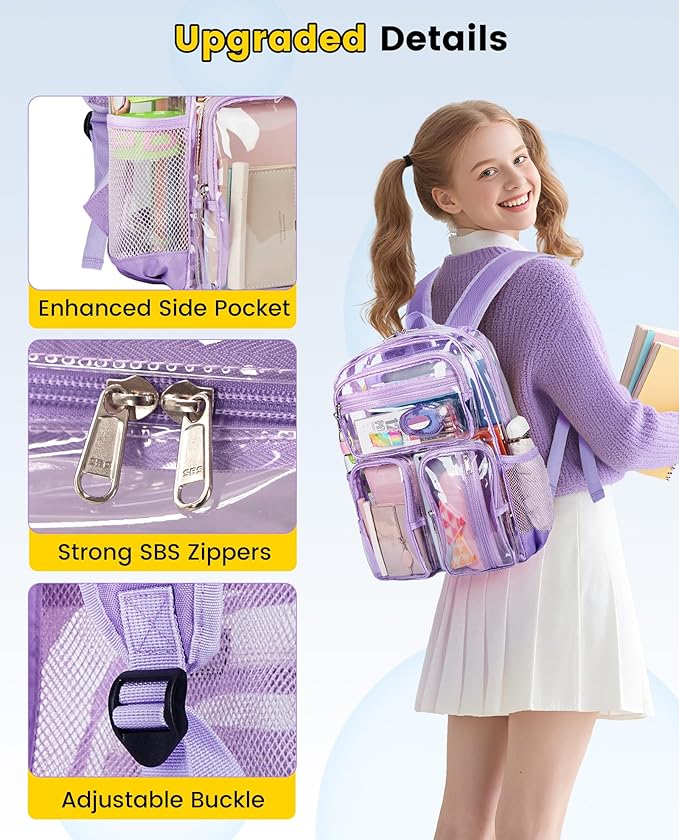 Vorspack Clear Backpack for School - Heavy Duty See Through Bookbag for Girls Boys Large Transparent Backpacks for Work, Travel, Festival - Purple