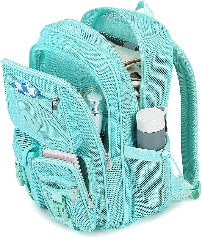 MOONBABY Mesh Backpack for School Heavy Duty See Through Net Bookbag Girls Boys Semi-Transparent Net Back Pack for Beach, Swimming, Sports, Work, Travel (Green)