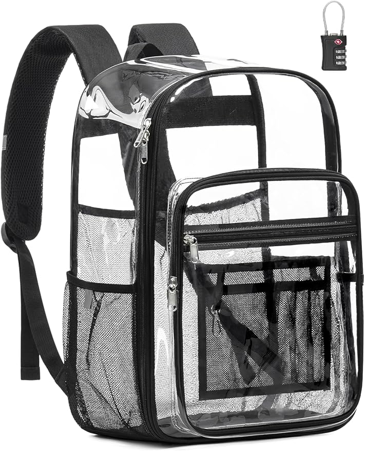 Extra Large Clear Backpack with TSA Lock, Heavy Duty Transparent See Through Clear Bookbag for College, Work, Travel, Casual Sport, Black