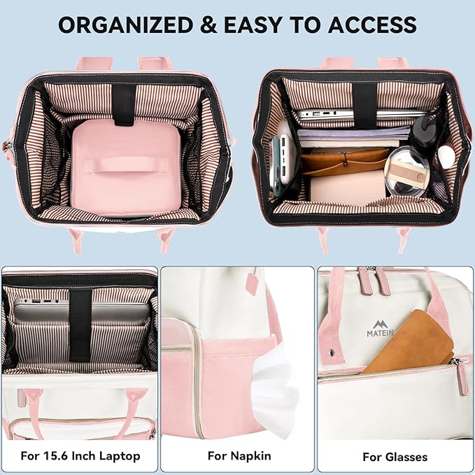 MATEIN Lunch Backpack for Women, 15.6 Inch Work Backpack with Laptop Compartment, College Computer Lunchbox Backpacks with Insulated Lunch box Meal Prep Bag for Teens Office Commute College, 2pcs Set