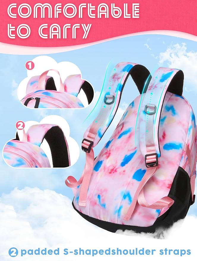 BLUEFAIRY High School Backpack for Girls Boys Middle School Bookbag for Kids Back to School Bag for College with Large Compartment Casual Daypack Mochilas para Niñas Adolescentes 18" Tie Dye Pink