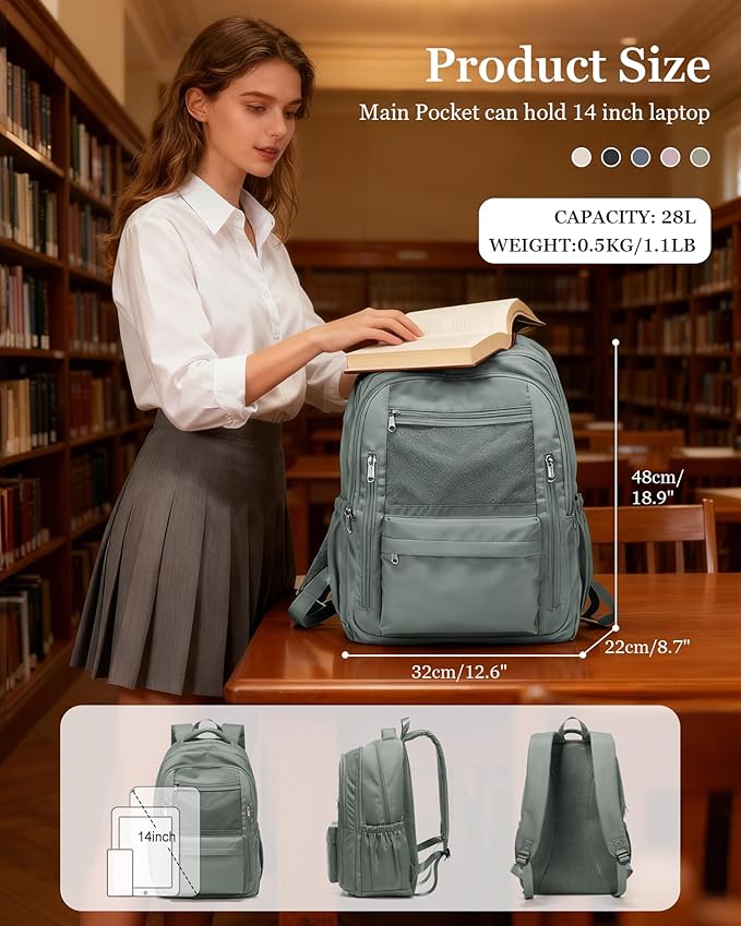 Cute High School Backpack for Women Men, Large Capacity Middle School Bag, Lightweight Bookbag for Teens Boys Girls, Waterproof College Backpack with lots of Pockets, Green