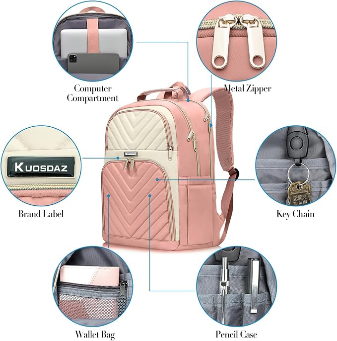 Backpack for Women, School Backpacks for Teen Girls, Stylish Cute Laptop Backpack, Teacher Student College Bookbags, Beige & Pink
