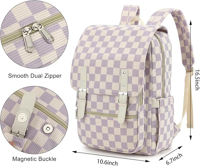 Corduroy Travel Backpack for Women, 15.6 Inch College Laptop Backpack, Fashion School Bookbag Work Backpacks (Corduroy Checkered Purple)