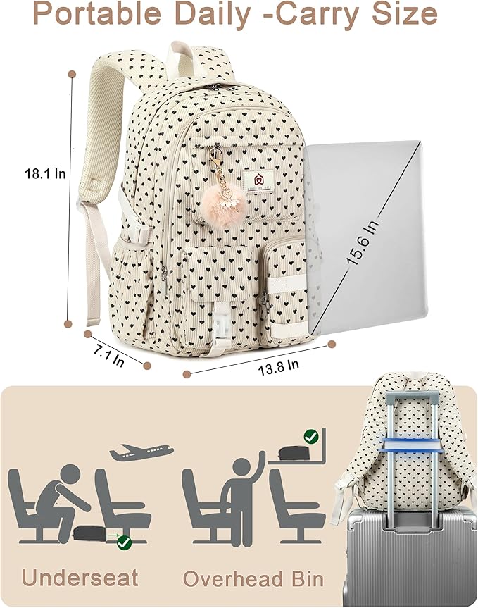 School Backpack for Teens Girls Women 15.6 Inch Laptop College Backpacks Corduroy Work Bag Kids Elementary Middle High School Bookbag Students Back Pack Travel Daypack Womens-Corduroy Beige Heart-1