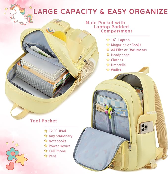 Backpack for girls Laptop Backpacks 15.6 Inch College Cute Bookbag Anti Theft Primary Elementary School Bag Casual Daypack for Teens Girls Women Students （Yellow