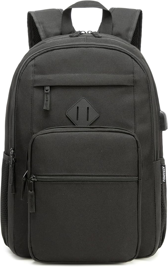 Black Backpack, School Backpack for Boys Girls, Lightweight Casual High School Bookbag, Daily-use Travel Laptop Backpack with USB Charging Port Fits 15.6 Inch Notebook