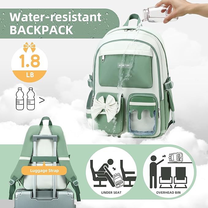 Laptop Backpack 16 Inch Kids Elementary Middle High School Bag College Backpacks Women Work Business Back Pack Travel Rucksack Large Bowknot Bookbag for Teens Girls Womens Students (Green)