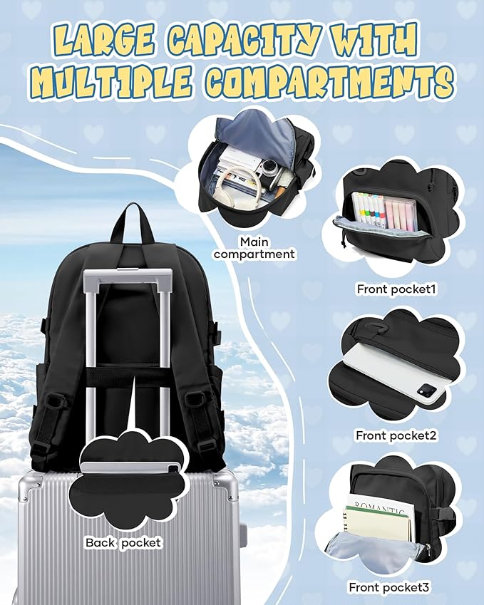 Black Lightweight Backpack for College & High School Backpack With Lots of Pockets Cute School Bag for Girls Boys, Large Capacity Bookbag for Women Men, Waterproof Teens Casual Daypack Backpack