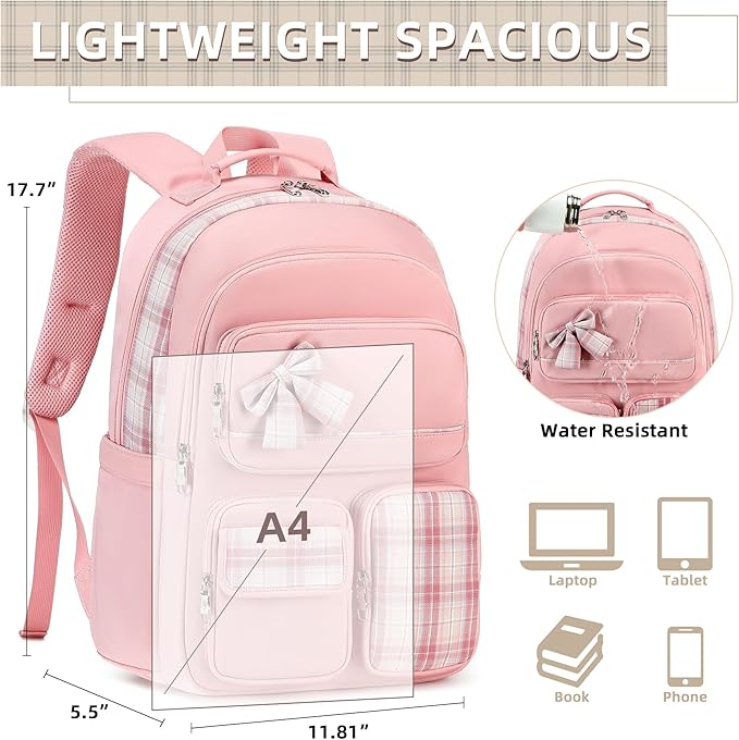 Backpack for Girls,School Backpacks for Teen,Cute College Bags for Women Students Large Bookbag 15.6 Inch Laptop Bag Back Pack Kids Kindergarten Elementary Casual Travel Daypacks Pink