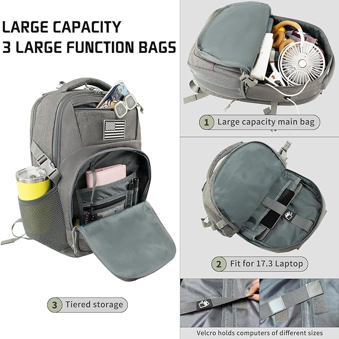 15.6'' Travel Laptop Backpack for Men, 30L Tactical College Backpacks with Water Pouches Both Sides, Portable Backpack for Men Women Business Work Bag Fight Approved - Grey Backpack