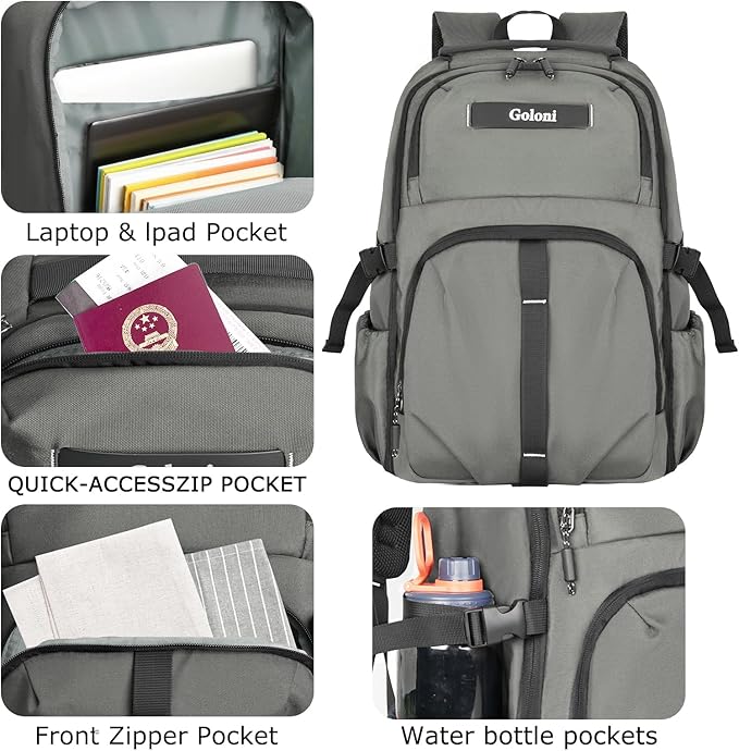 Goloni Airline Approved Travel Backpack 35L - Under Seat Carry On, Water Resistant 15.6 Inch Laptop Compartment for Men Women Work Travel,Gery