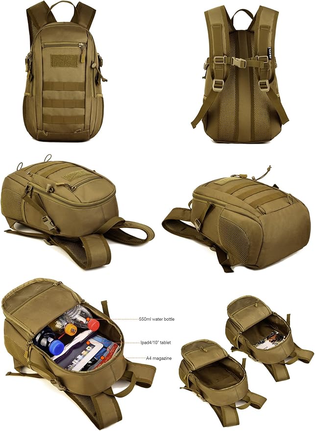 HUNTVP 10L Tactical Backpack Small Backpack Mini Daypack Military MOLLE Rucksack Gear Tactical Assault Pack Bag for Hunting Camping Trekking(10L Dark Brown)