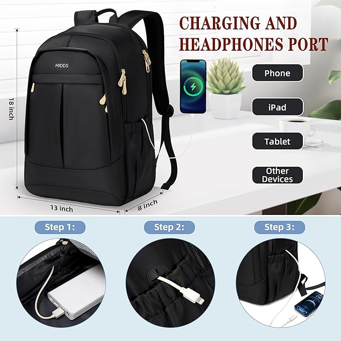 Travel Laptop Backpack for Women 15.6 Inch Computer Backpacks with USB Charging Hole Anti Theft Carry on Bag College Bookbag Large Black Back Pack for Work Business Traveling Commuter Daypack-Black