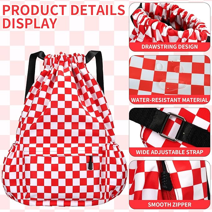 Drawstring Backpack for Women Drawstring Gym Bag Water Resistant Small Cinch Sack Pull String Backpack Bag (Checkered-Pink)