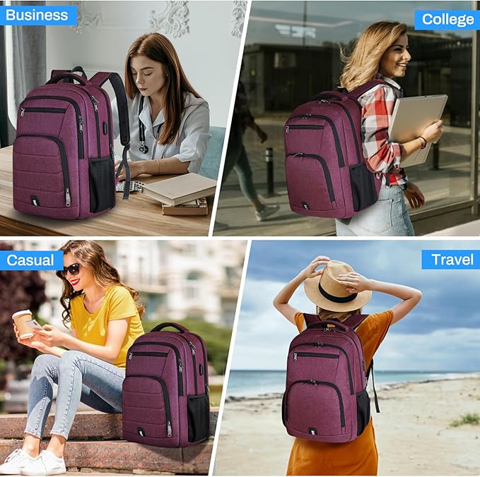 RAINSMORE Laptop Backpack 17 Inch Large Travel Backpack for Women Waterproof Computer Backpack Work Business College Bookbag TSA Friendly with USB Port, Rose Red