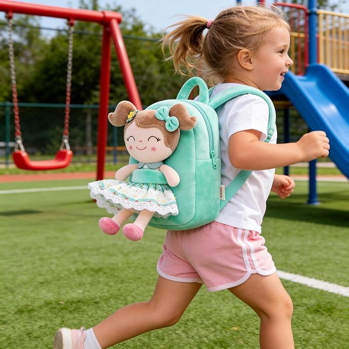 Gloveleya Kids Backpacks Girls Backpack Plush Bags with Soft Baby Doll Green 9" | with Soft Baby Doll