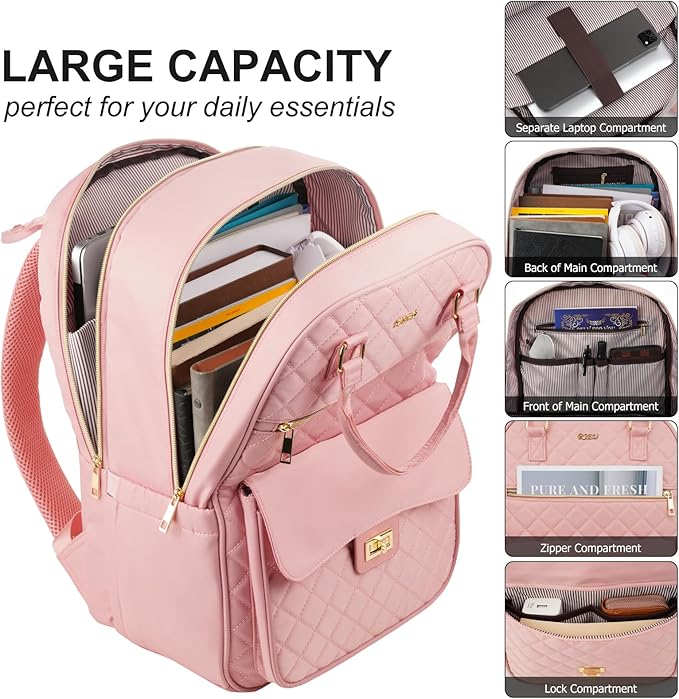 Backpack Boogbag for Women,Cute School Backpack for Teen Girls with Laptop Compartment,Quilted Stylish Computer Bag Big Book Bag for College Student Work,Pink