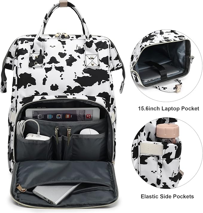 Cow Print Laptop Backpack for Women Men, 15.6 inch College School Backpack Bookbag for Work/School/Travel/Business