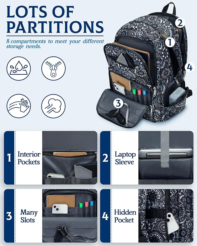 Large Backpack for Women Backpack with Lots of Pockets for Travel Work School Bookbag with Laptop Compartment for High School College Girls Mochilas Morrales para Mujer (Black/Gray, Paisley)