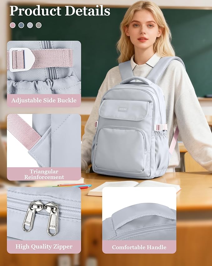 Cute Middle School Backpack For Teen Girls,Waterproof Casual Bookbags,Lightweight Travel Daypack,Basic Laptop College Backpack For Women(grey