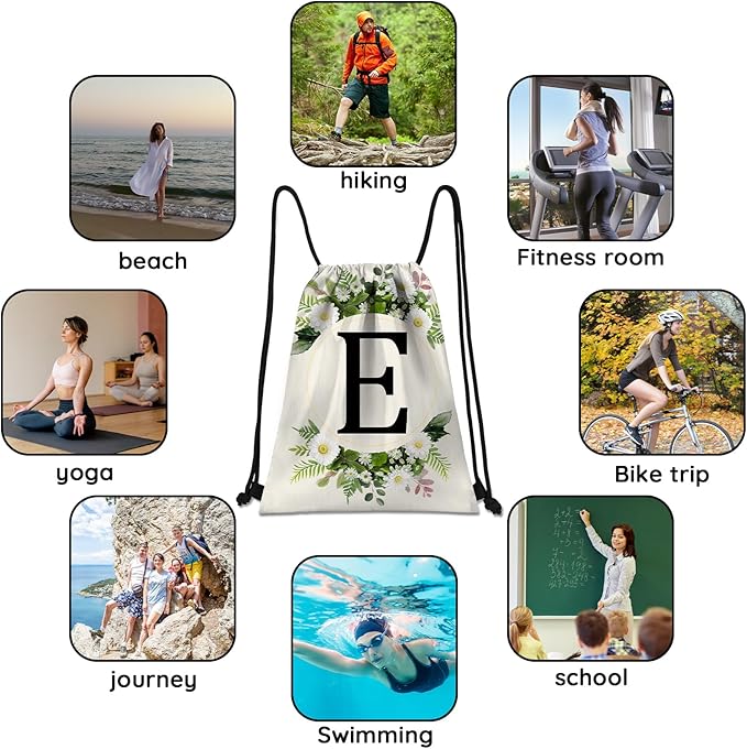 Initial Letter Drawstring Backpack String Sports Gym Bags Waterproof Sackpack Cute for Men Women Beach (13"×17") (Letter-E)