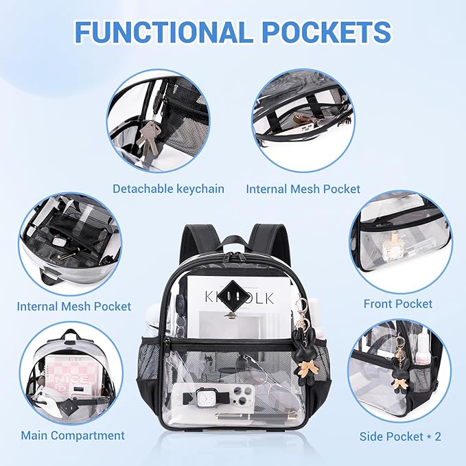 Clear Backpack for Stadium Events Approved 12×6×12, Thick TPU Mini Clear Bag with Front Pocket for Concert Sport Events Work Travel, Black Transparent