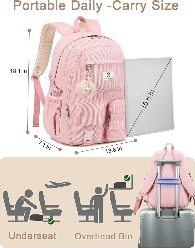 Hidds School Backpack for Teens Girls Women 15.6 Inch Laptop College Backpacks Corduroy Kids Bookbag Students Travel Daypack Womens (Pink)