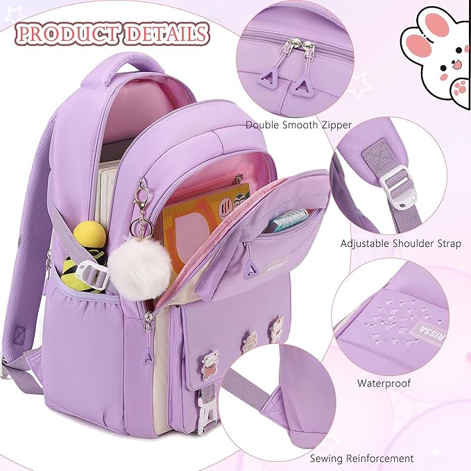 Backpack for Girls 3 PCS Cute School Backpacks Elementary Kids Book Bag with Lunch Box Pencil Case Set Laptop College Travel Back Pack Large Bookbags for Girl Teens Women Student Purple