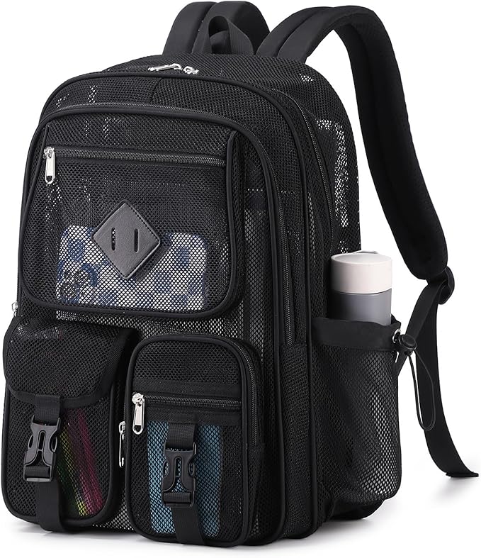 MOONBABY Mesh Backpack for School Heavy Duty See Through Net Bookbag Girls Boys Semi-Transparent Net Back Pack for Beach, Swimming, Sports, Work, Travel (Black)