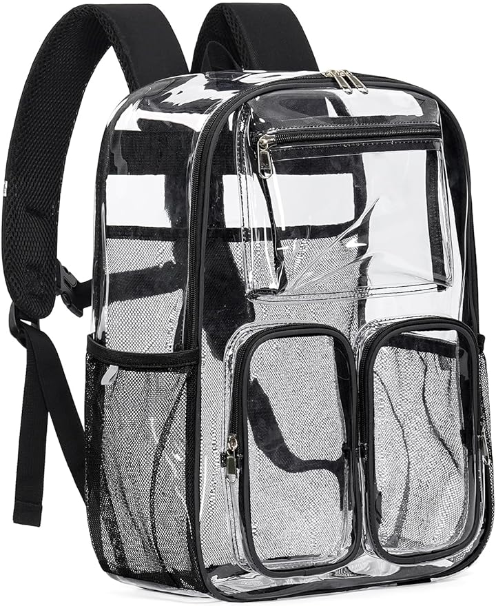 Clear Backpack Heavy Duty for Women Men Boys Girls, Clear Bookbag for School, 17 Inch Transparent Backpack with All-Around Reflective Strips for Work Casual Sport, Black