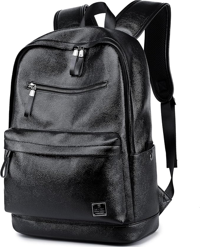 weiatas Black Leather Laptop Backpack for Men Women Work Travel, College School Backpack Casual Daypack fits 15.6 Inch