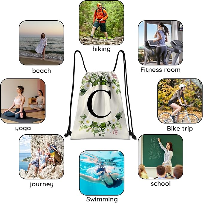 Initial Letter Drawstring Backpack String Sports Gym Bags Waterproof Sackpack Cute for Men Women Beach (13"×17") (Letter-C)
