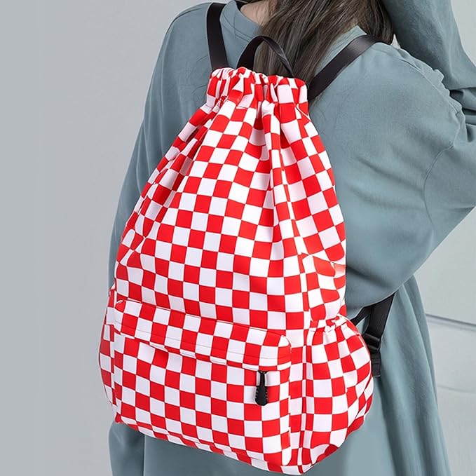 Drawstring Backpack for Women Drawstring Gym Bag Water Resistant Small Cinch Sack Pull String Backpack Bag (Checkered-Pink)