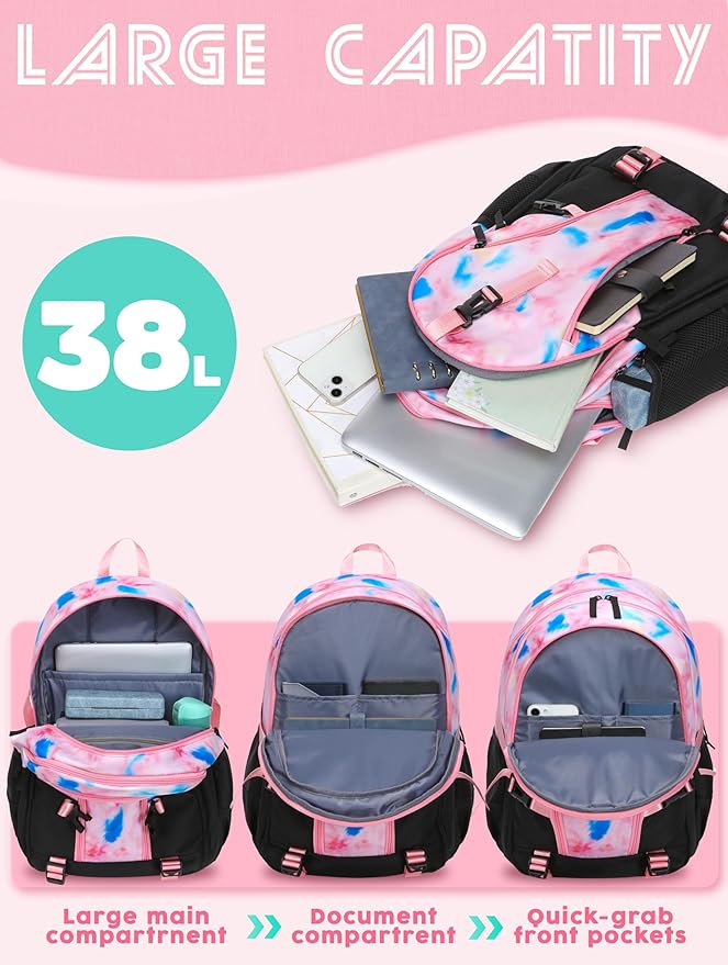 BLUEFAIRY High School Backpack for Girls Boys Middle School Bookbag for Kids Back to School Bag for College with Large Compartment Casual Daypack Mochilas para Niñas Adolescentes 18" Tie Dye Pink