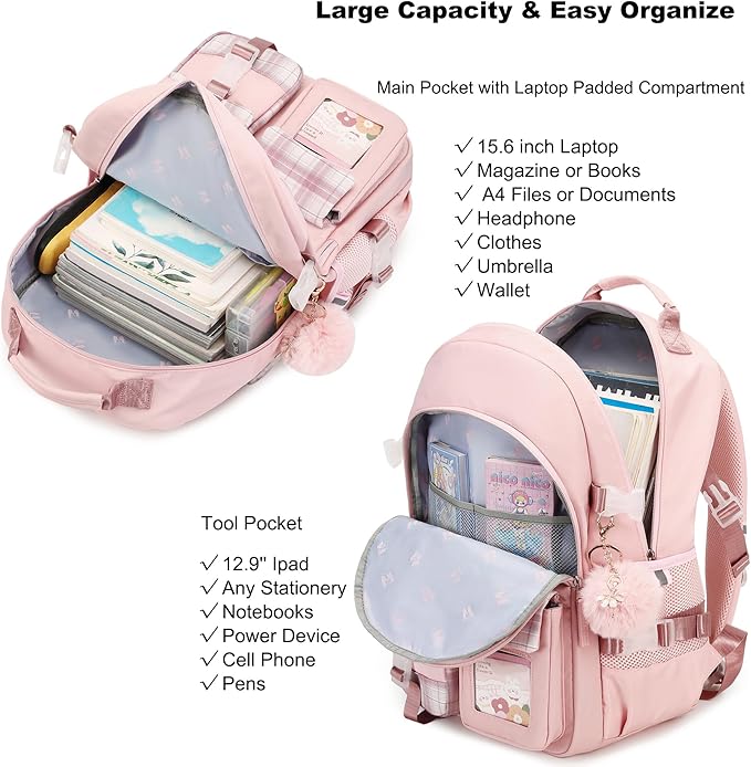 Backpack for Girls, 15.6 Inch Laptop School Bag Kids Kindergarten Elementary College Backpacks Large Bookbags for Teen Girl Women Students Casual Travel Daypacks (Pink)