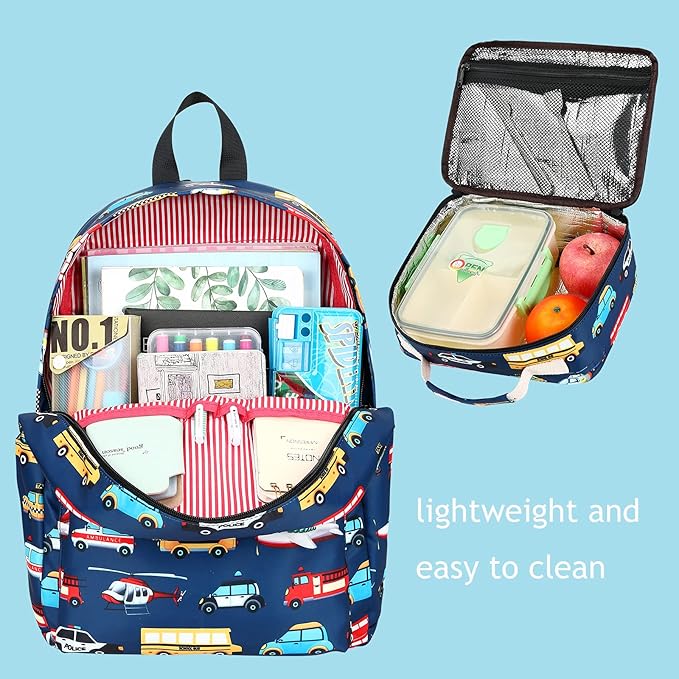 LEDAOU Kids School Backpack with Lunch Box for Boy Girl Toddler BookBag School Bag Preschool Kindergarten Backpack (Navy Blue-Airplane Pattern)